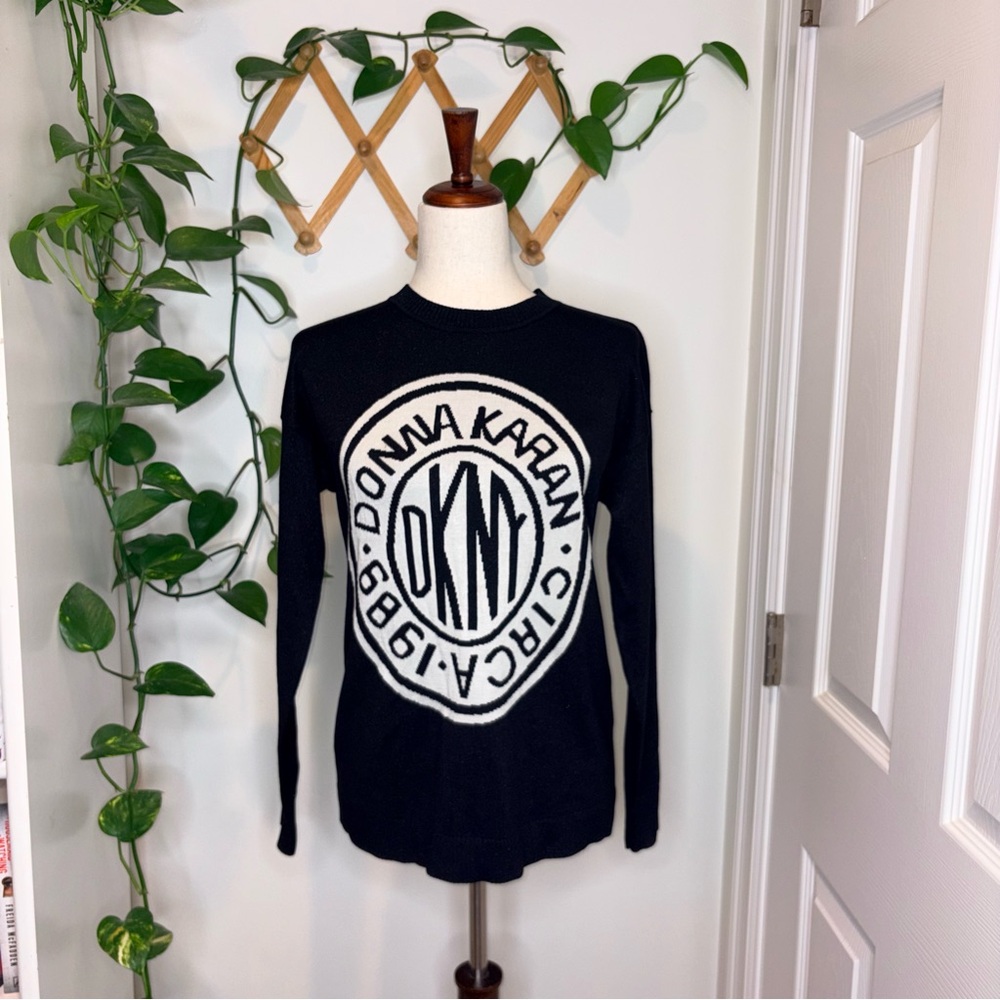 DKNY Circle Logo Shimmer Crew Neck Black Sweater